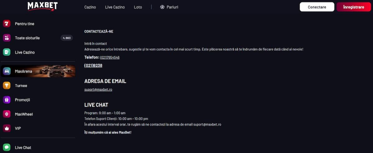 MaxBet Casino - Suport clienți & joc responsabil